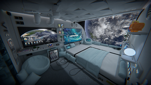 Full bedroom and TV screen with earth visable through the window