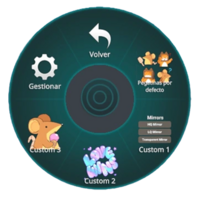 Action Menu with five options: "Back," "Show Stickers" (eye icon), "Default" (stickers of VRRat and VRCat), "Custom" (several generic stickers).