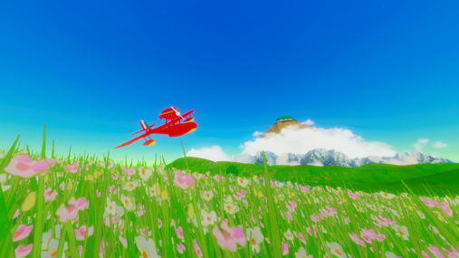 The red seaplane from “Porco Rosso” flying above a flower field, with Laputa visible in the distant clouds.