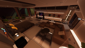 The captain quarters with the bed and Kepler-7B In view outside the windows.