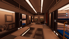 A view of the crews quarter where there is a window to the outside to the right.