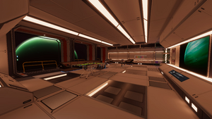 A view of the pool area for the crew with a weather active planet at Kepler-7B.