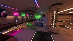 The crew bar area with video player's in each corner with a spin the bottle game to the left.