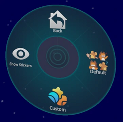 Action Menu with five options: "Back," "Show Stickers" (eye icon), "Default" (stickers of VRRat and VRCat), "Custom" (several generic stickers).