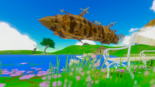The Laputa flying warship passing over a lake inspired by “When Marnie Was There”, with a Guardian Robot visible in the distance.