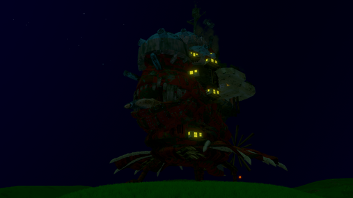 Howl’s Castle at night, illuminated by its glowing windows.