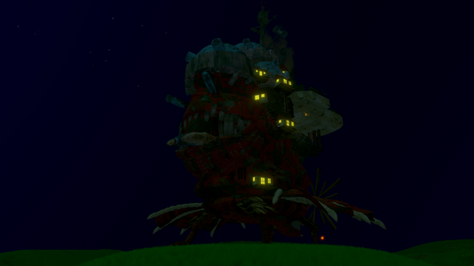 Howl’s Castle at night, illuminated by its glowing windows.