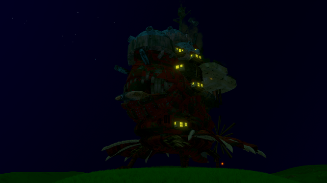 Howl’s Castle at night, illuminated by its glowing windows.