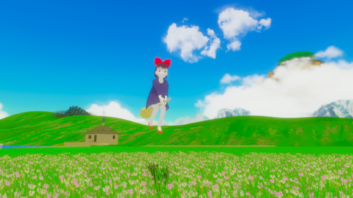 Kiki flying above the flower fields, referencing “Kiki’s Delivery Service”.