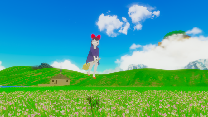 Kiki flying above the flower fields, referencing “Kiki’s Delivery Service”.