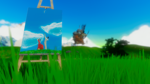 A painting easel depicting a scene from “The Wind Rises”, with Howl’s Castle visible in the background.