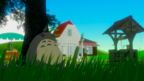 Totoro resting under a tree near a stone well inspired by Spirited Away, with a countryside house reminiscent of the Totoro home.