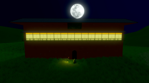The bathhouse inspired by “Spirited Away,” which appears only during nighttime in the world, illuminated under the full moon.