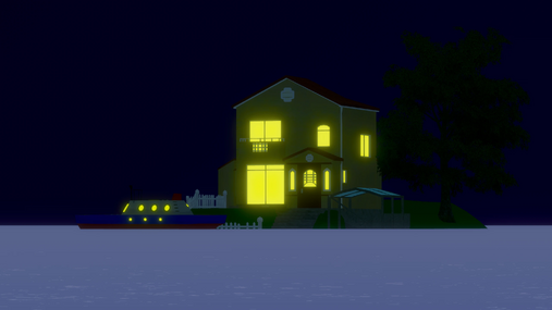 The seaside house from “Ponyo,” illuminated at night with the boat docked nearby.