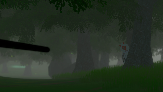 San (from Princess Mononoke) hiding behind a tree in a misty forest, watching the player from a distance.