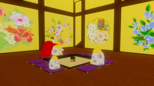 Bathhouse spirits from Spirited Away gathered around the central hearth in a room decorated with colorful floral wall panels.