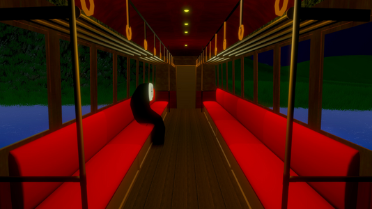 No-Face sitting alone inside the Spirit Train, a quiet scene inspired by Spirited Away.