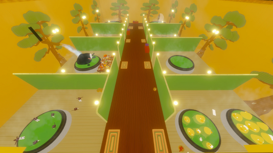 Overhead view of the bath floor inspired by “Spirited Away,” showing No-Face, duck spirits, and several private bath pools along the central hallway.