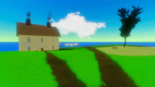 A peaceful view of the Ohara family house from When Marnie Was There, recreated on a grassy coastal hill with drying laundry and a lone tree overlooking the sea.